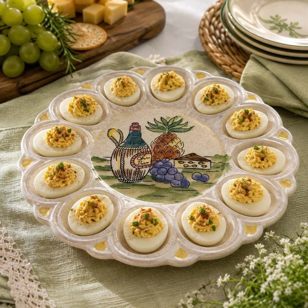 Vintage Ceramic Deviled Egg Platter 12 Egg Wine Cheese Grapes 9.25